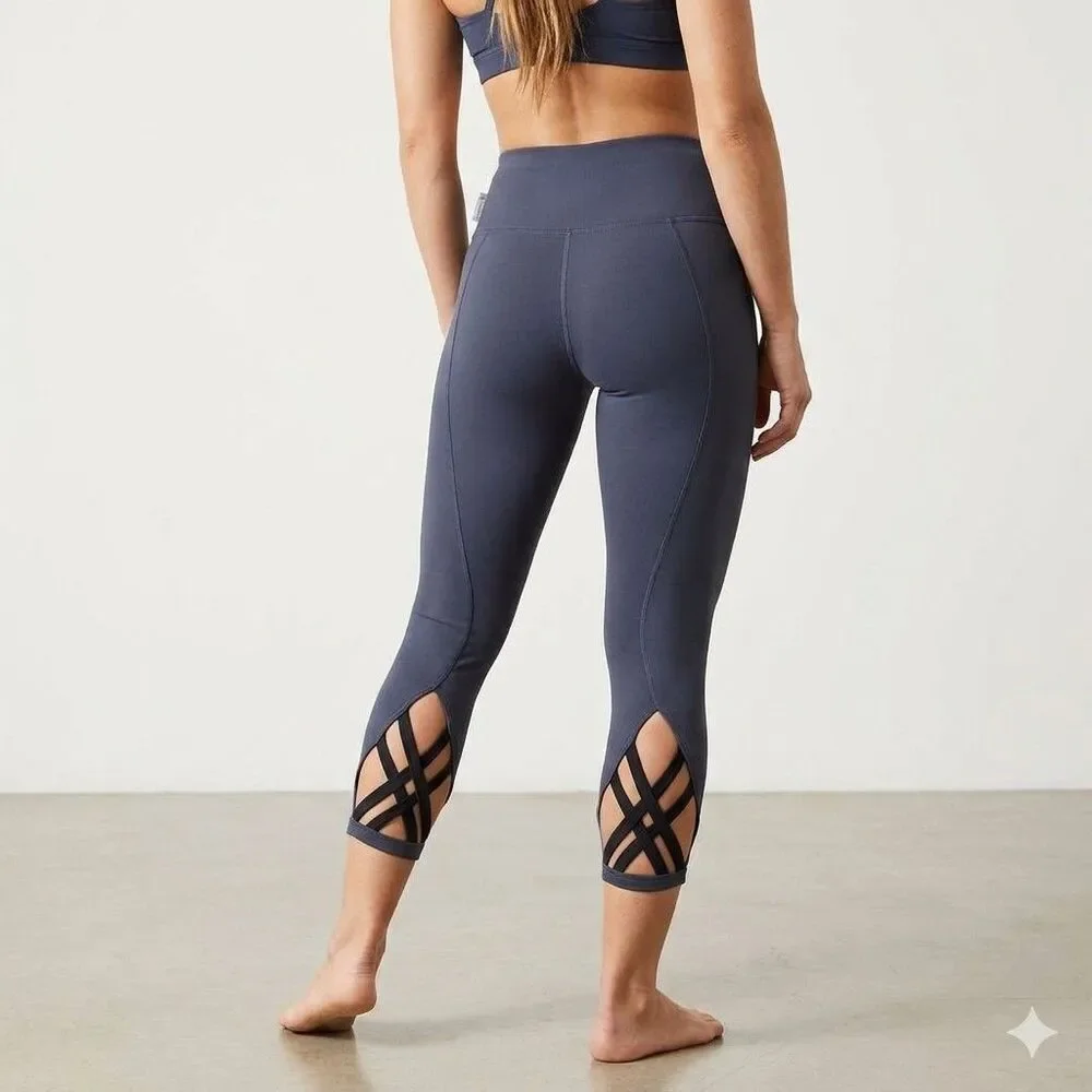 Zella Cropped Leggings Blue Criss-cross lattice cutout hem Yoga Gym Womens S
